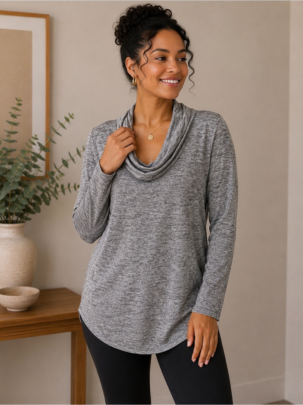 Chaus Metallic Gray Cowl Neck Tunic Top Large Marled Knit Long Sleeve Stretch